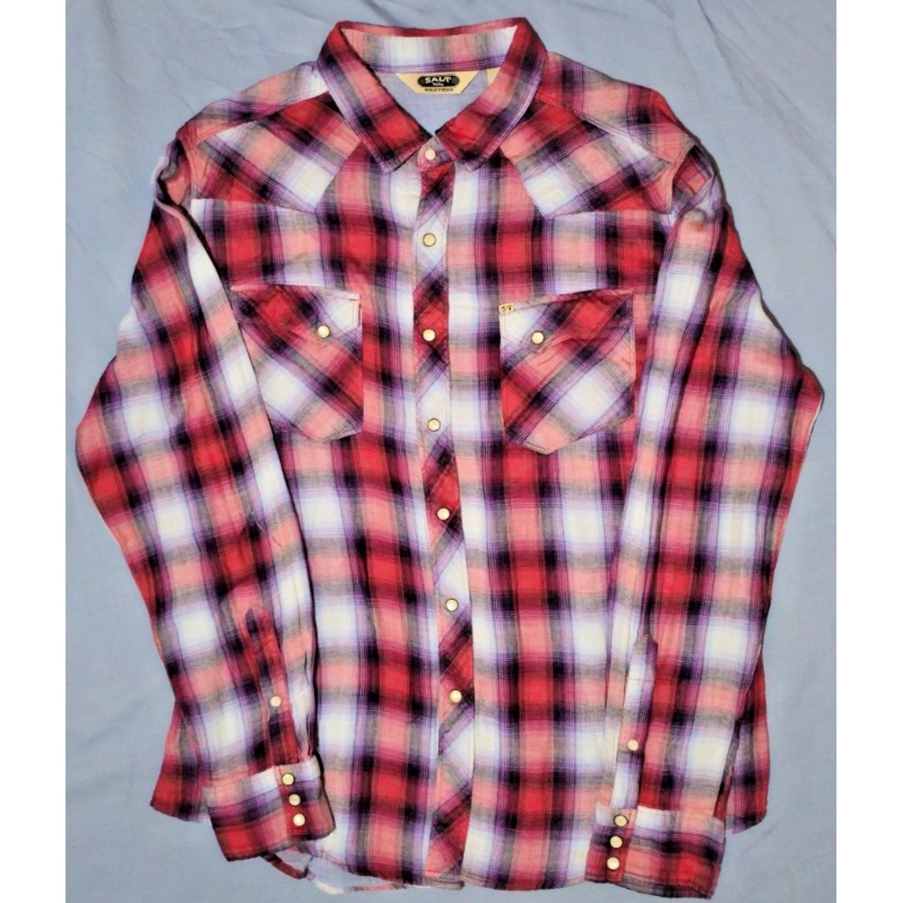 Salt Valley Western Shirt‎ Mens XL Red Blue Plaid Pearl Snap Flannel Cowboy